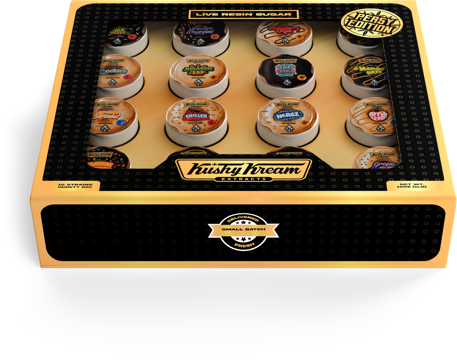 Kushy Kream Persy Edition Live Resin Sugar master box — 16-strain variety box with jar window